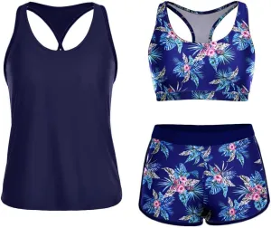 Yonique 3 Piece Athletic Tankini Swimsuits for Women with Shorts Swim Tank Tops with Sports Bra and Boyshorts Bathing Suits
