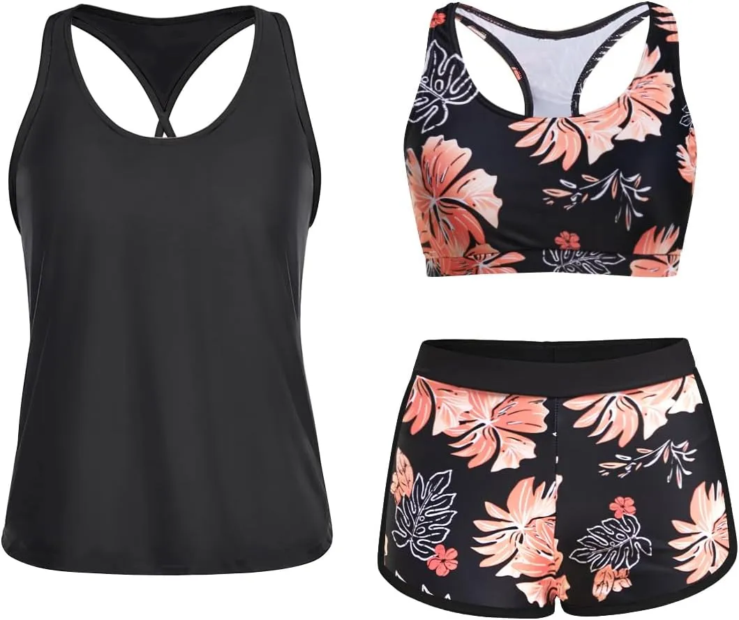 Yonique 3 Piece Athletic Tankini Swimsuits for Women with Shorts Swim Tank Tops with Sports Bra and Boyshorts Bathing Suits