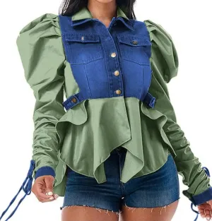 YOOTIKO Women Button Down Patchwork Shirt Y2K Casual Denim Jacket Long Sleeve Crop Top