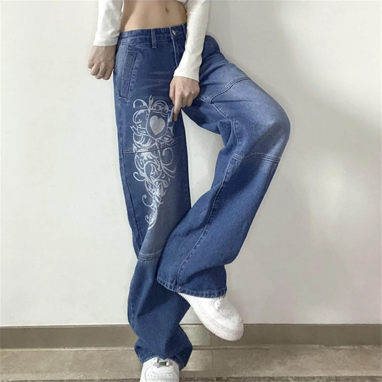 Zempertoopa Womens Y2K Baggy Jeans Wide Leg Straight Grunge Denim Pants High Waist Casual Loose Cargoes Trouser Streetwear