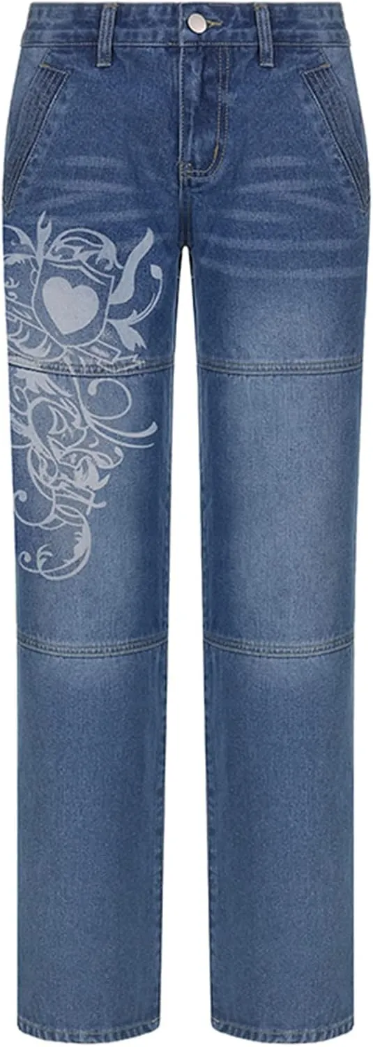 Zempertoopa Womens Y2K Baggy Jeans Wide Leg Straight Grunge Denim Pants High Waist Casual Loose Cargoes Trouser Streetwear